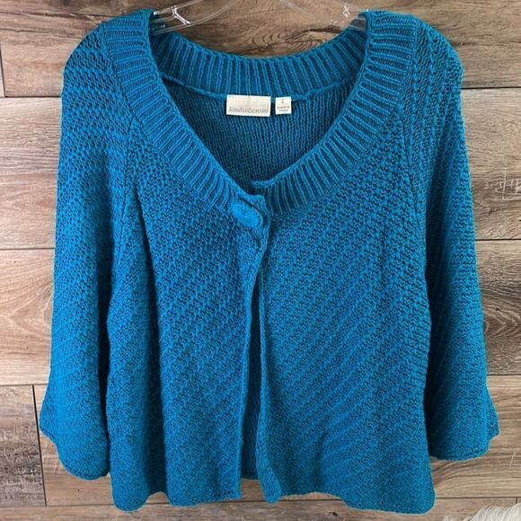 John Paul Richard Teal Cropped Crocheted One Button Open Front Cardigan Size L - Picture 2 of 6